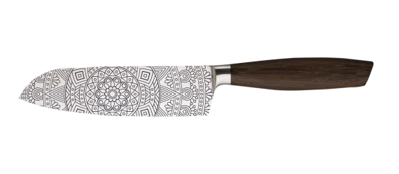 SIZE S SMOKED OAK SANTOKU KNIFE 6,5" with Mandala both sides 